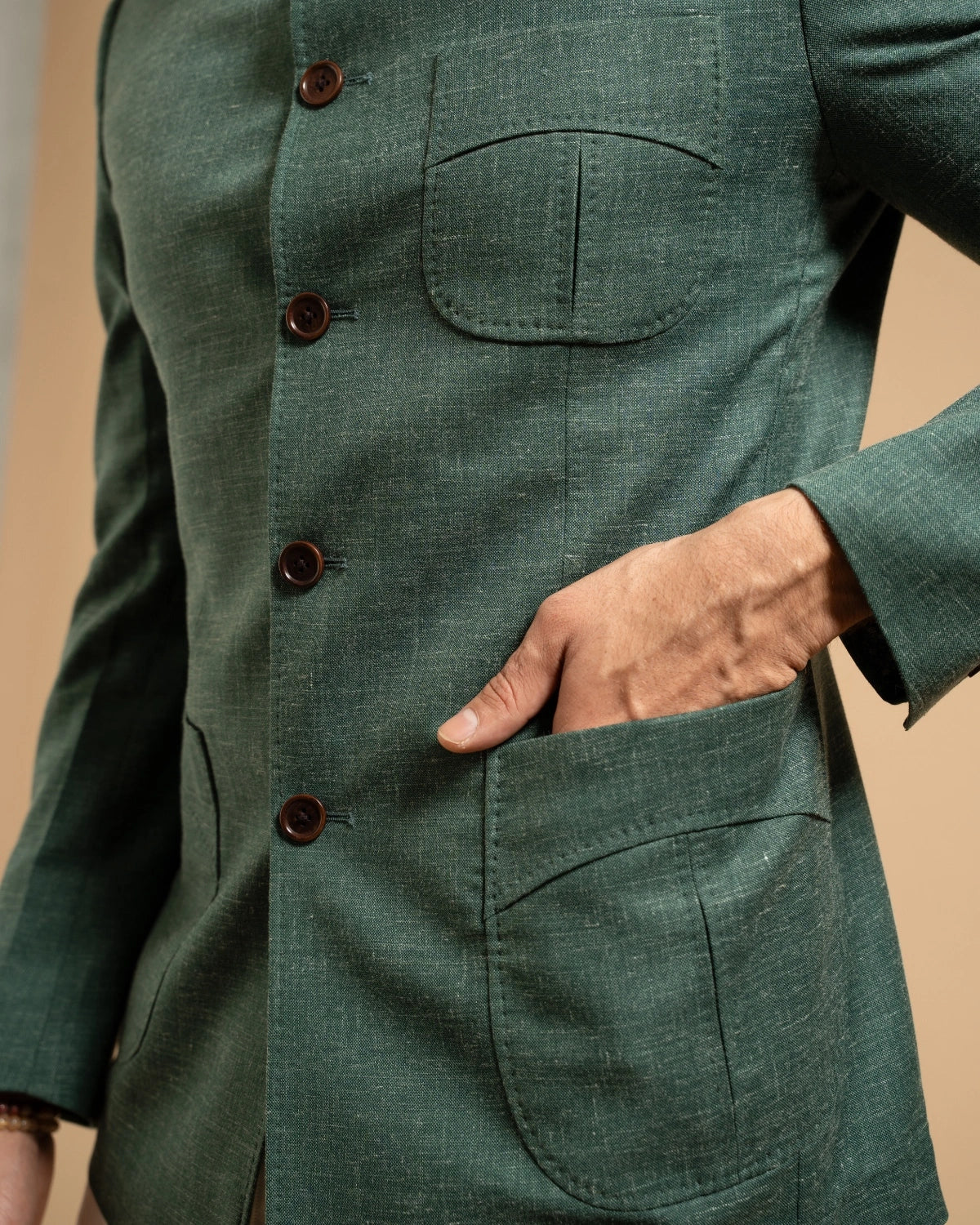 Dark Green Textured Patch Pocket Bandhgala Gargee