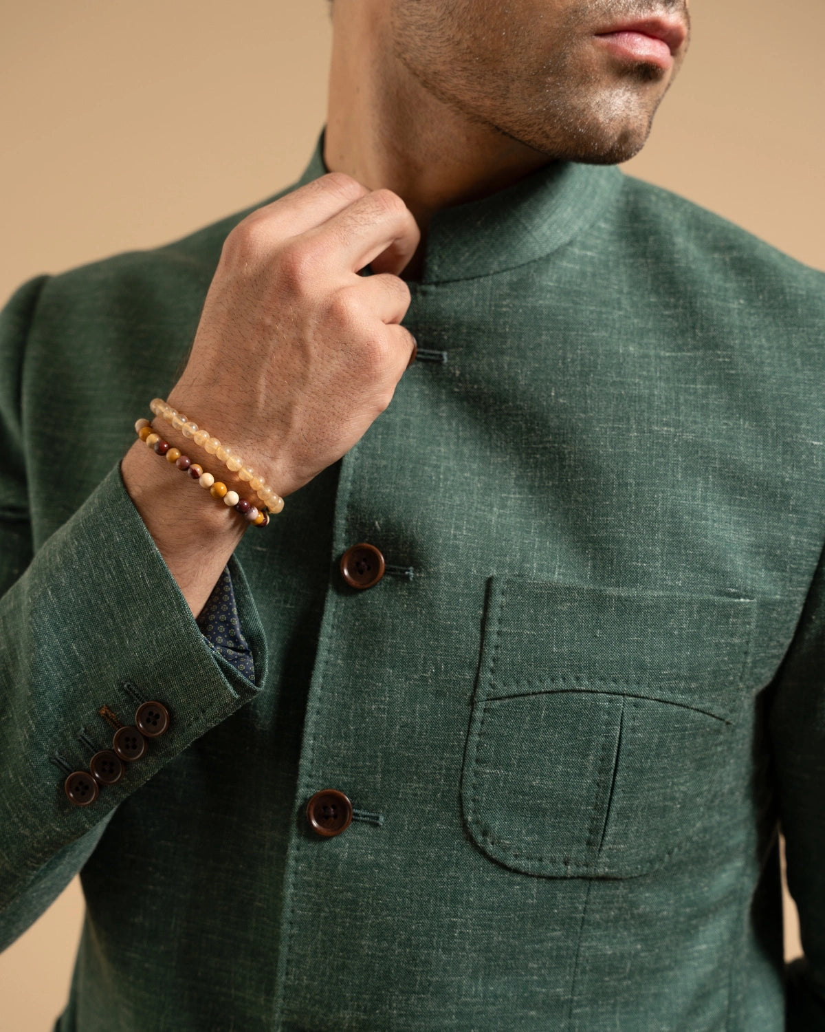 Dark Green Textured Patch Pocket Bandhgala Gargee