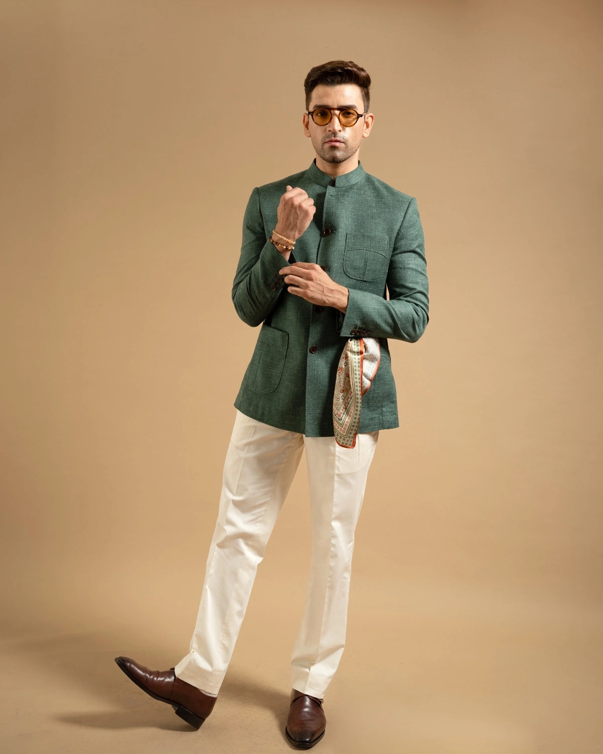 Dark Green Textured Patch Pocket Bandhgala Gargee