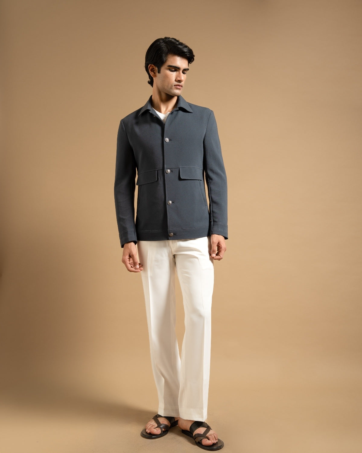 Deep Grey Contemporary Stretchable Shacket Gargee