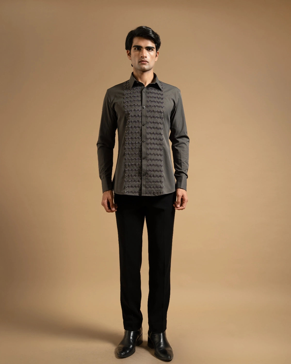 Deep Grey Textured Panel Shirt Gargee