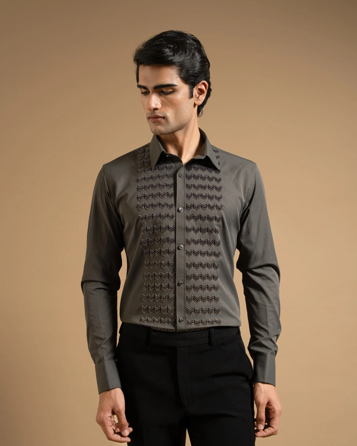 Deep Grey Textured Panel Shirt Gargee