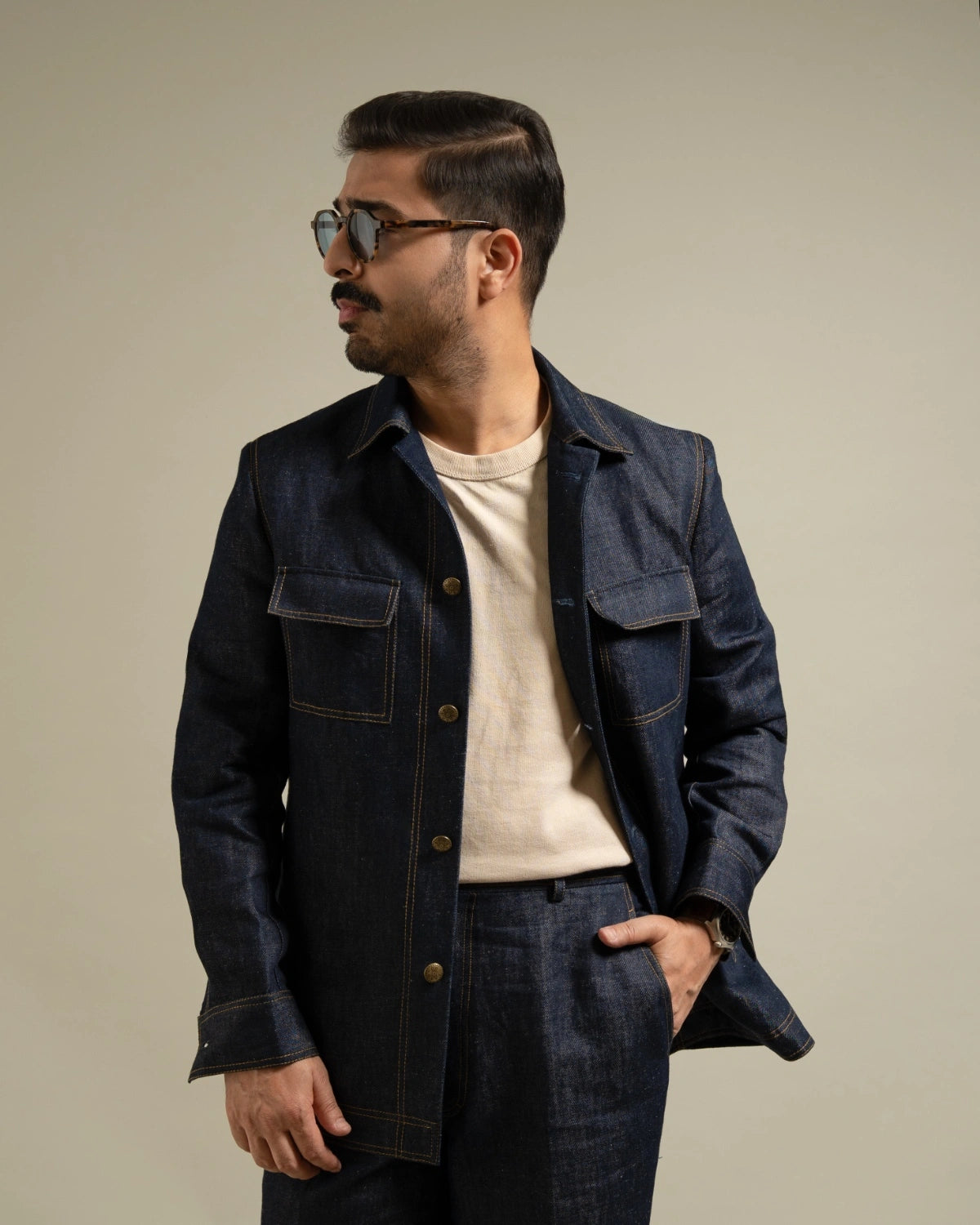 Navy Denim Contrast Stitch Co-ord Set Gargee