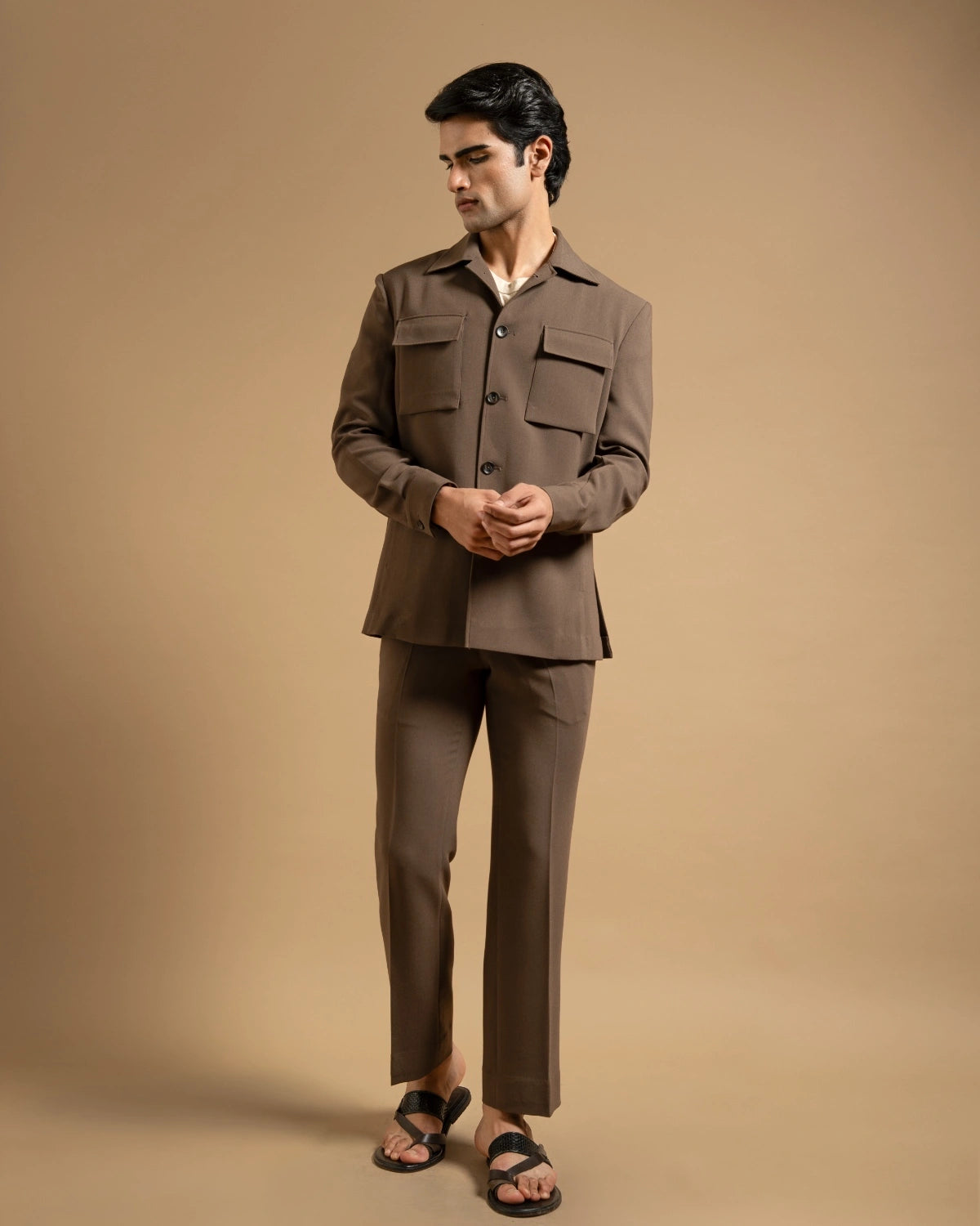 Espresso Stretchable Minimal Shacket Gargee
