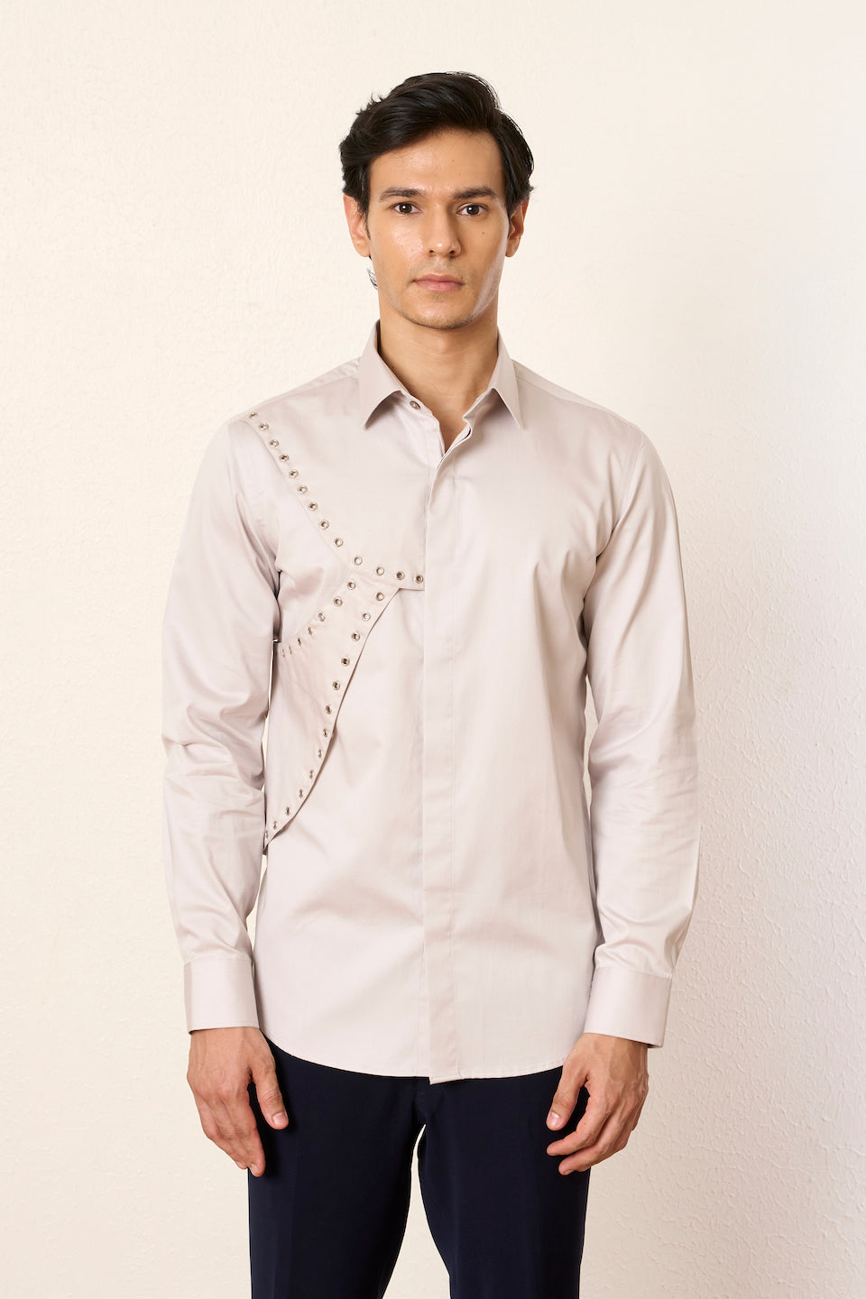 Grey Panelled Eyelet Shirt