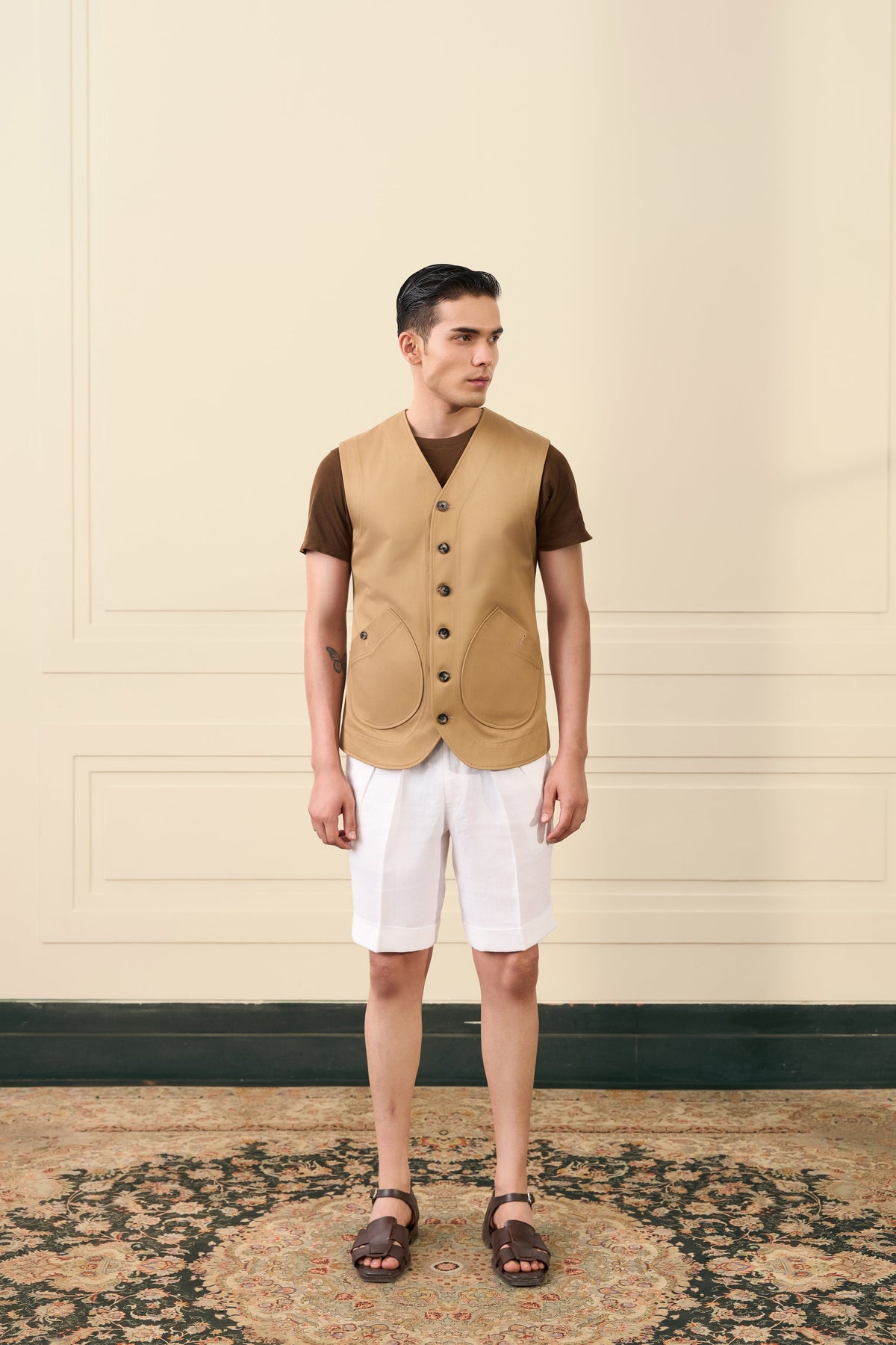 Camel Utility Cotton Waistcoat Gargee