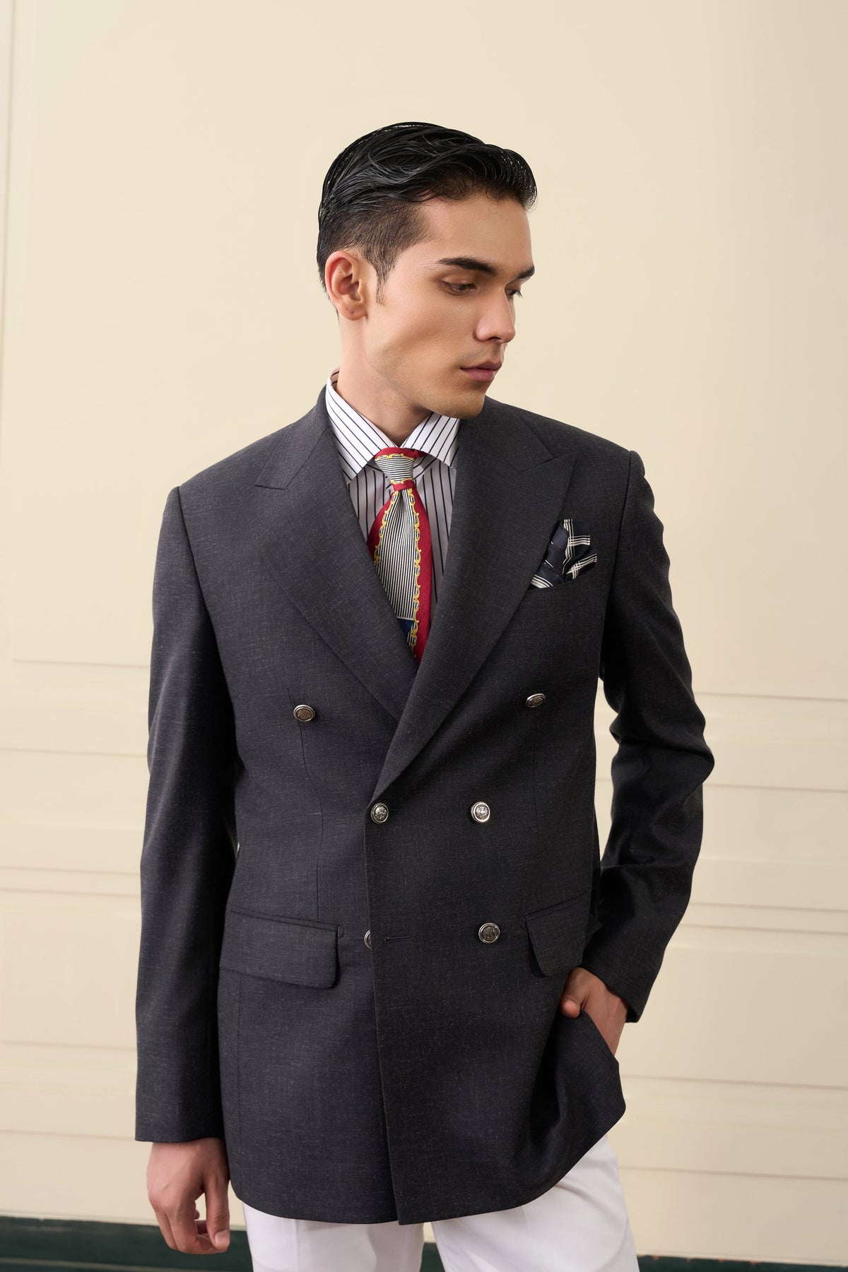 Charcoal Double-Breasted Wool Blazer Gargee