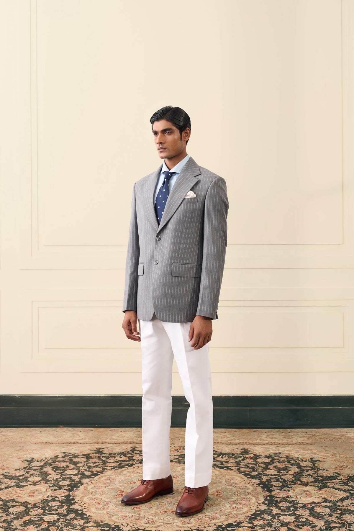 Grey Pinstripe Single-Breasted Blazer Gargee