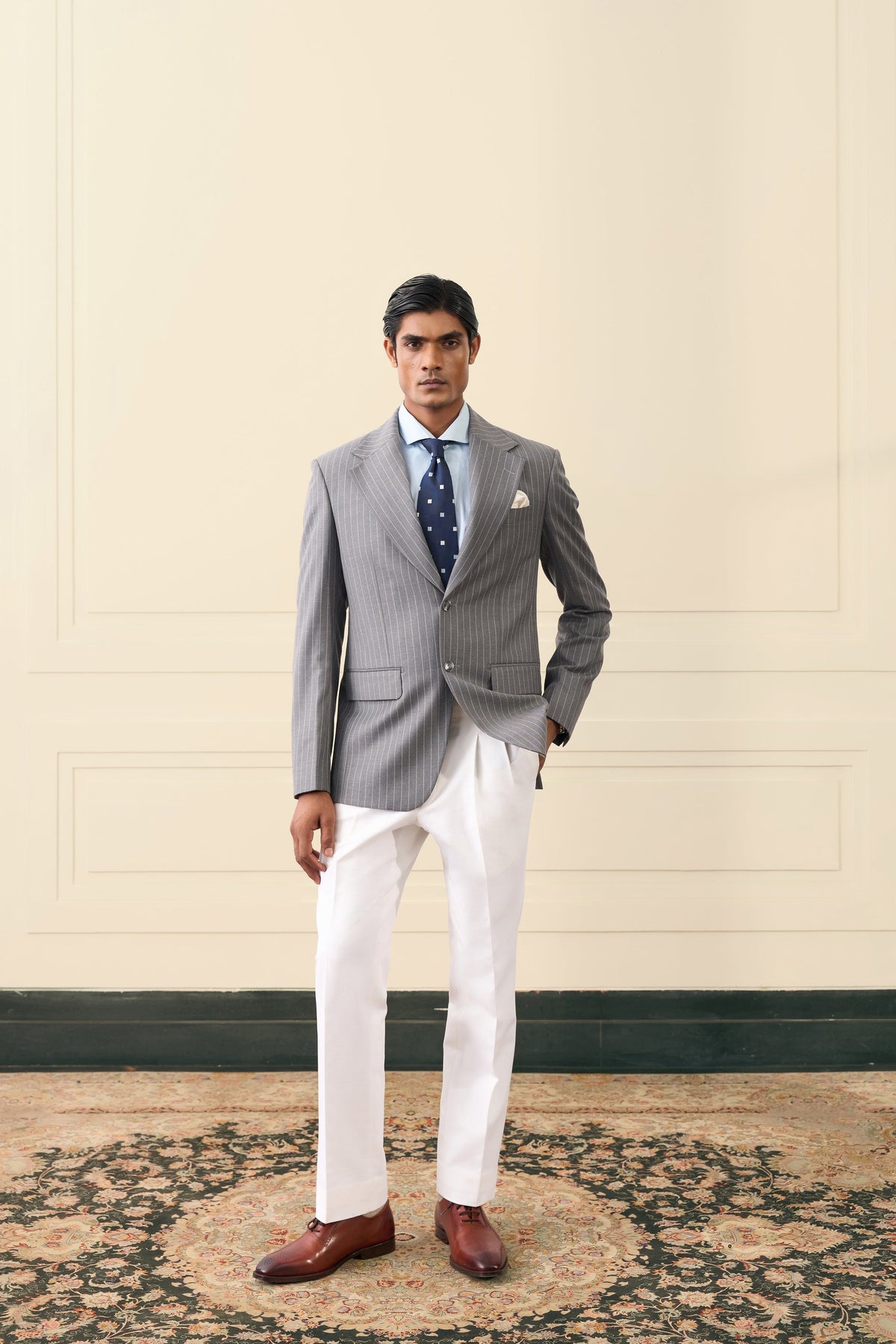 Grey Pinstripe Single-Breasted Blazer Gargee
