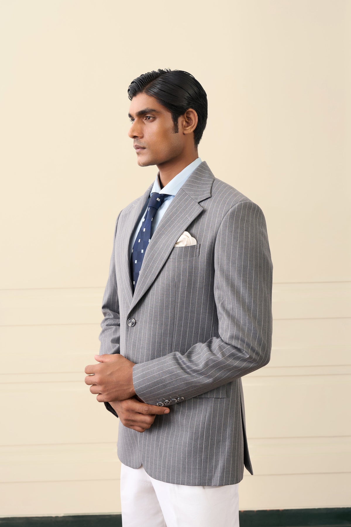 Grey Pinstripe Single-Breasted Blazer Gargee