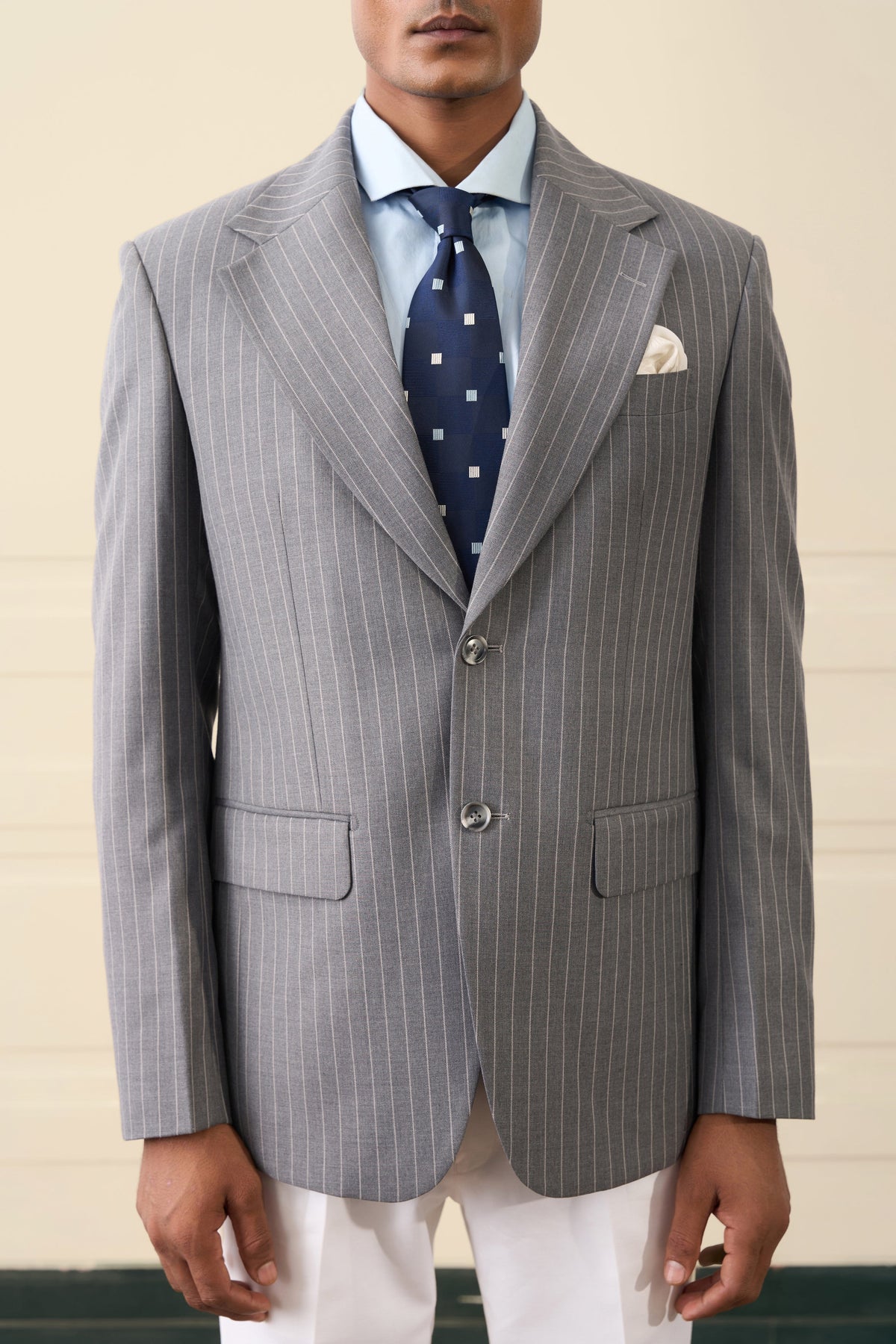Grey Pinstripe Single-Breasted Blazer Gargee