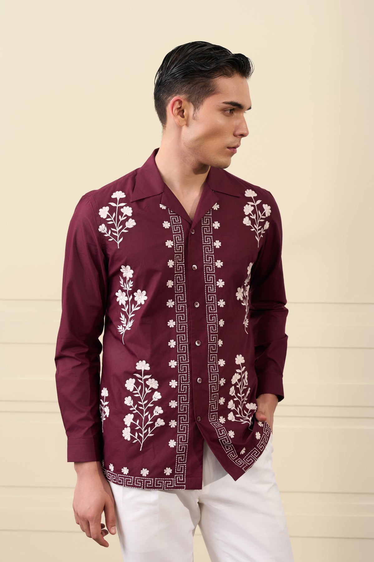 Maroon Floral Embroidered Shirt Gargee
