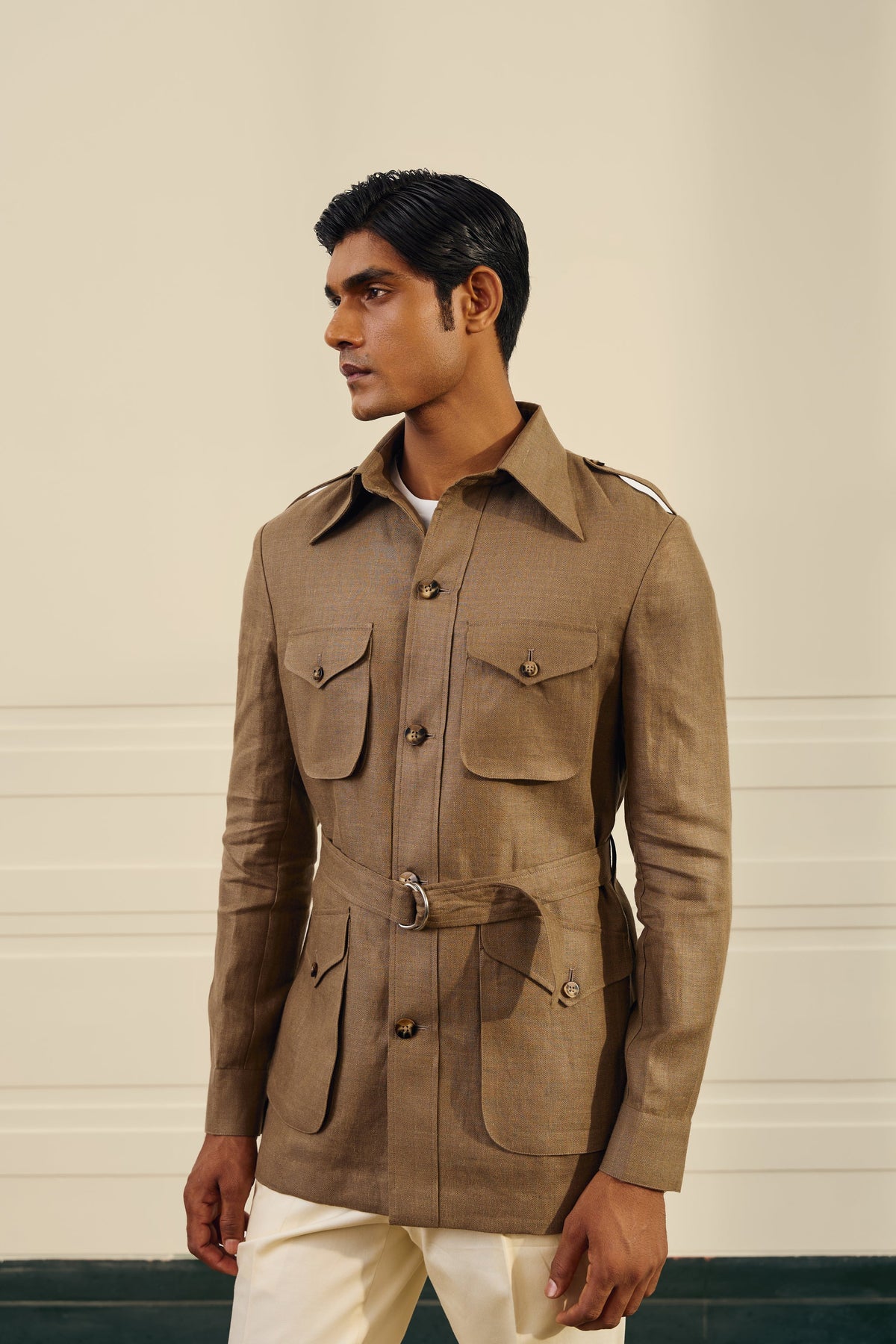 Olive Herringbone Linen  Shacket Gargee
