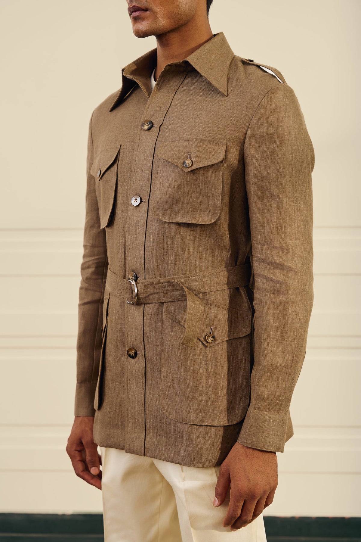 Olive Herringbone Linen  Shacket Gargee