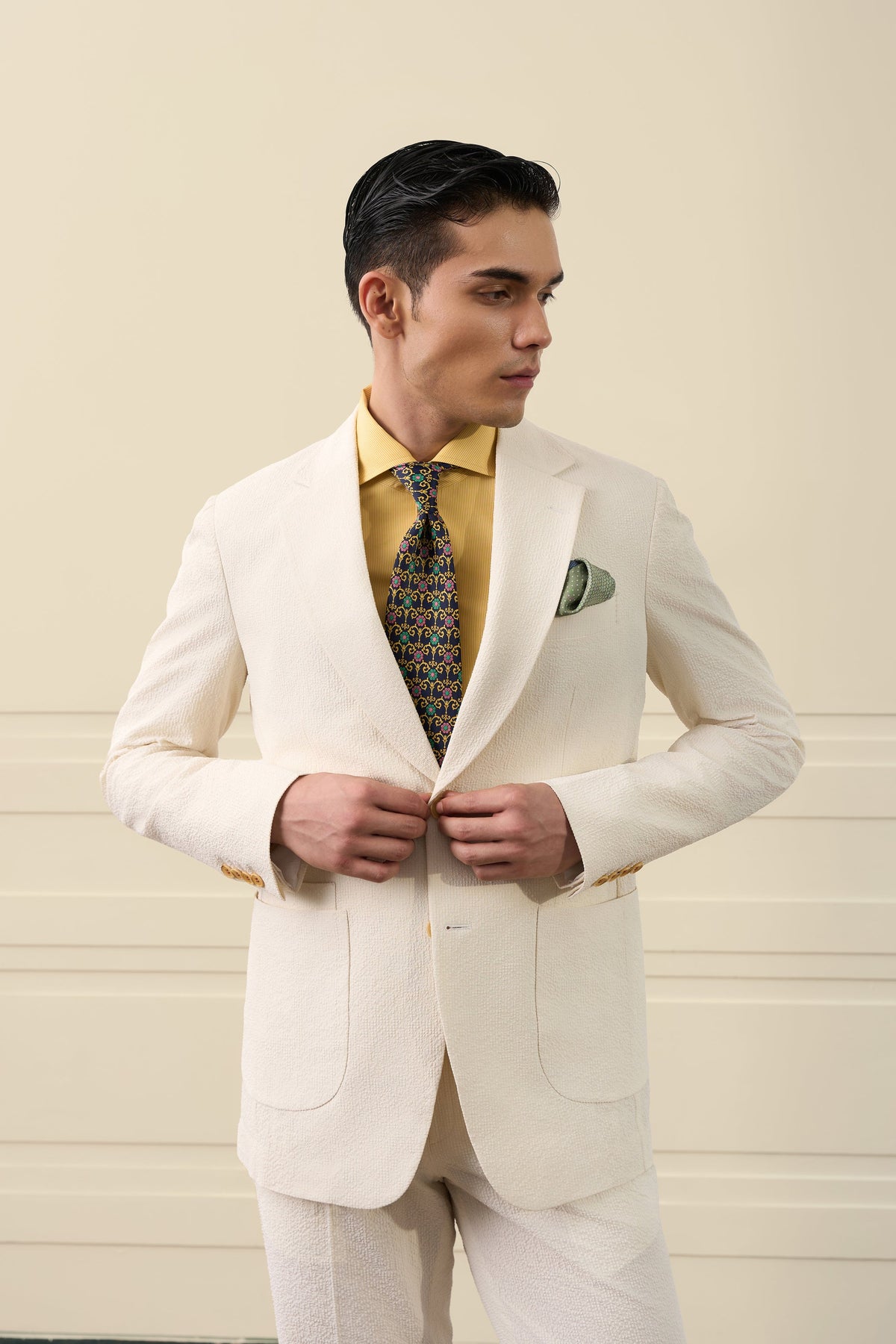 Ivory Seersucker Single-Breasted Suit Gargee