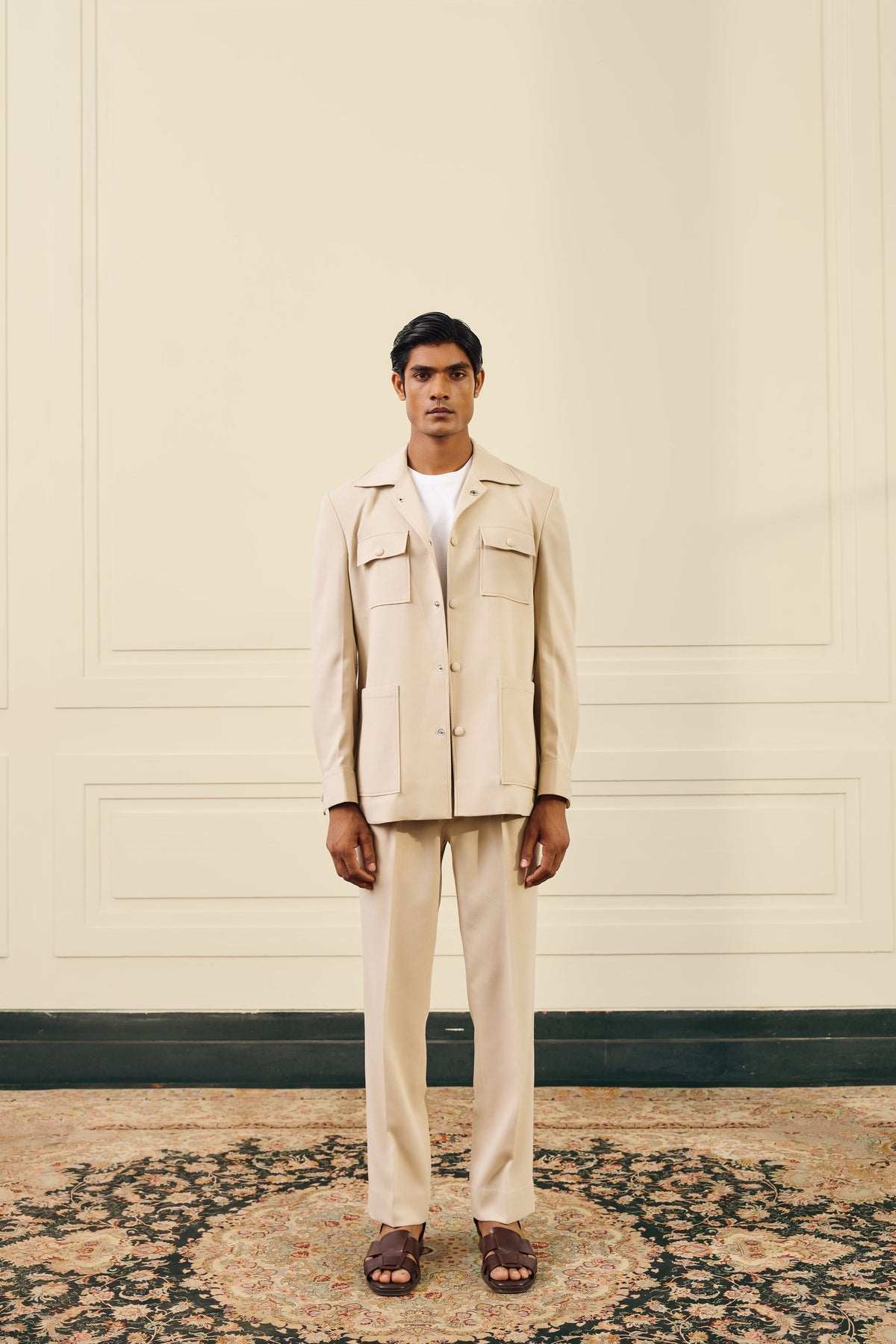 Beige Lycra Tailored Shacket Gargee