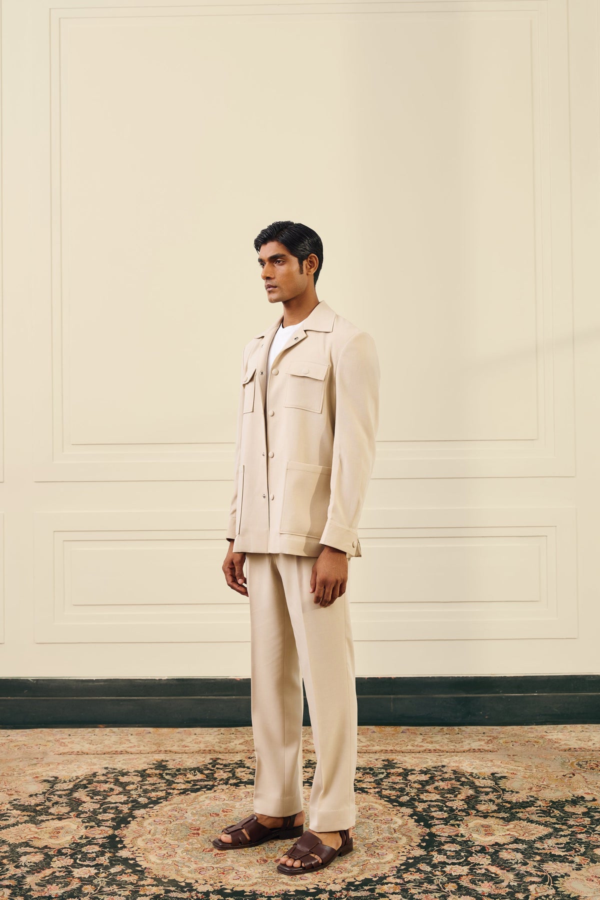 Beige Lycra Tailored Shacket Gargee