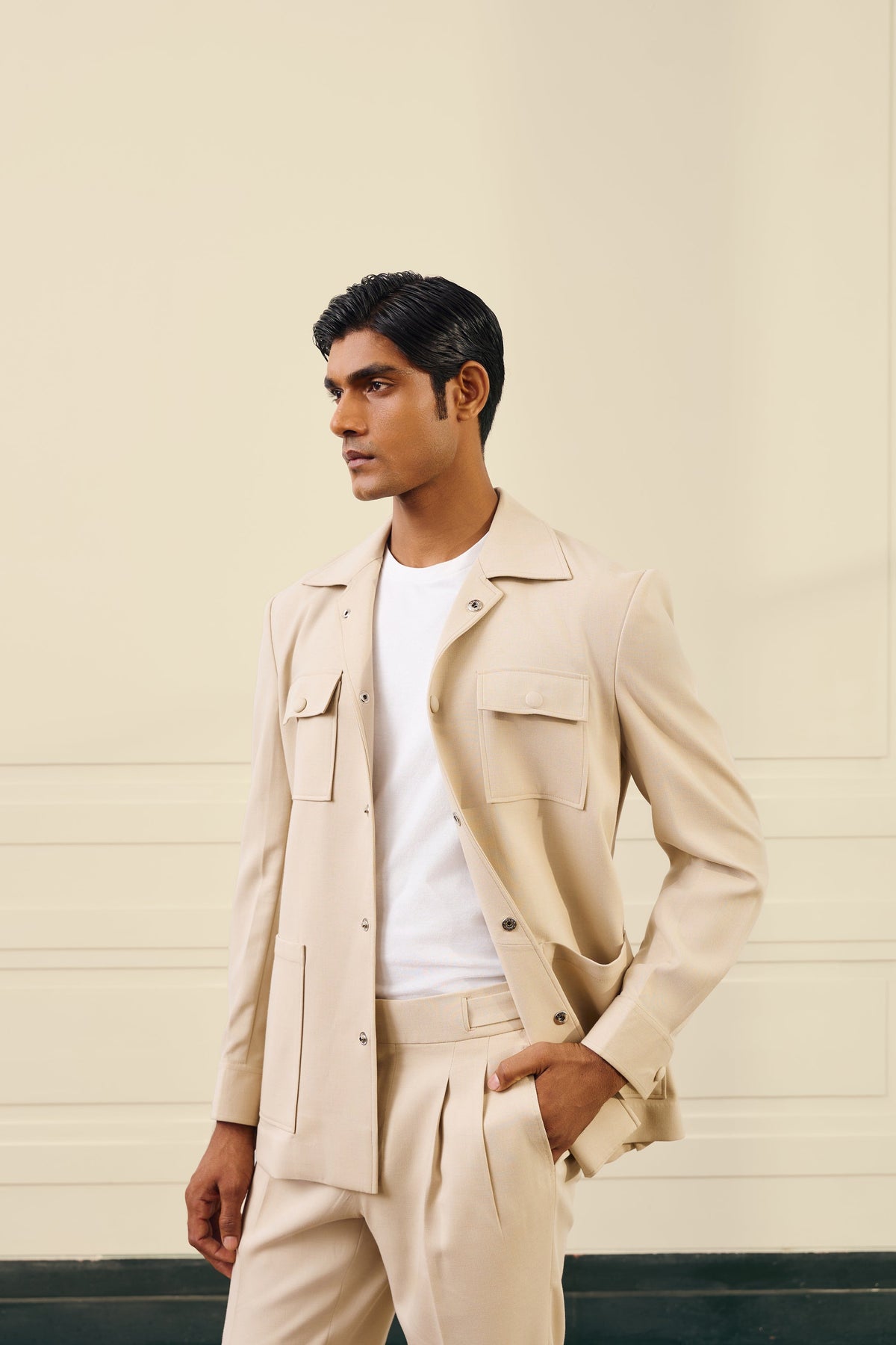 Beige Lycra Tailored Shacket Gargee