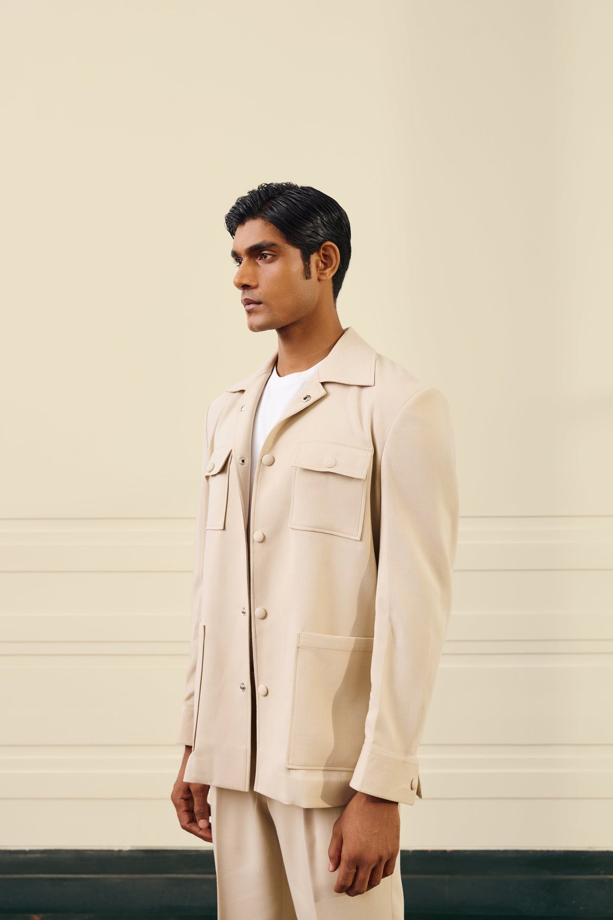 Beige Lycra Tailored Shacket Gargee