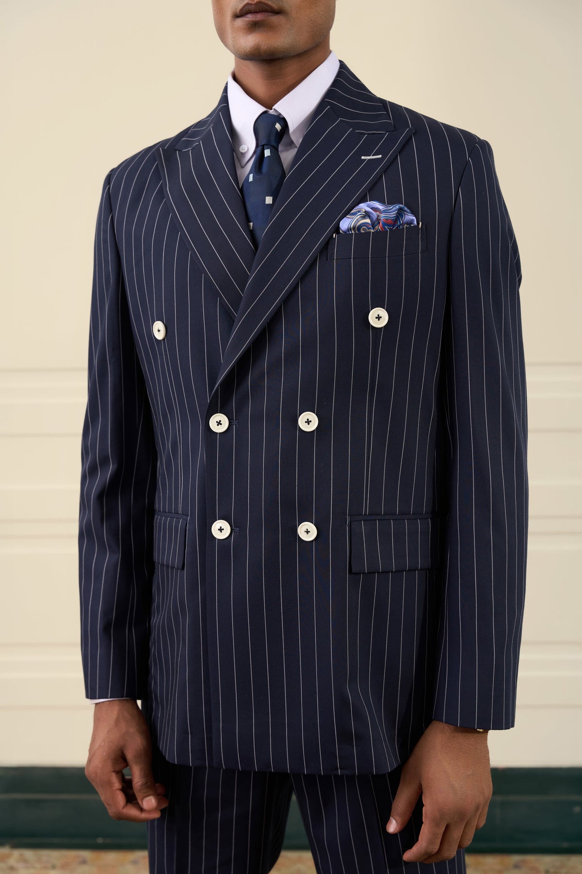 Navy Pinstripe Double-Breasted Suit Gargee