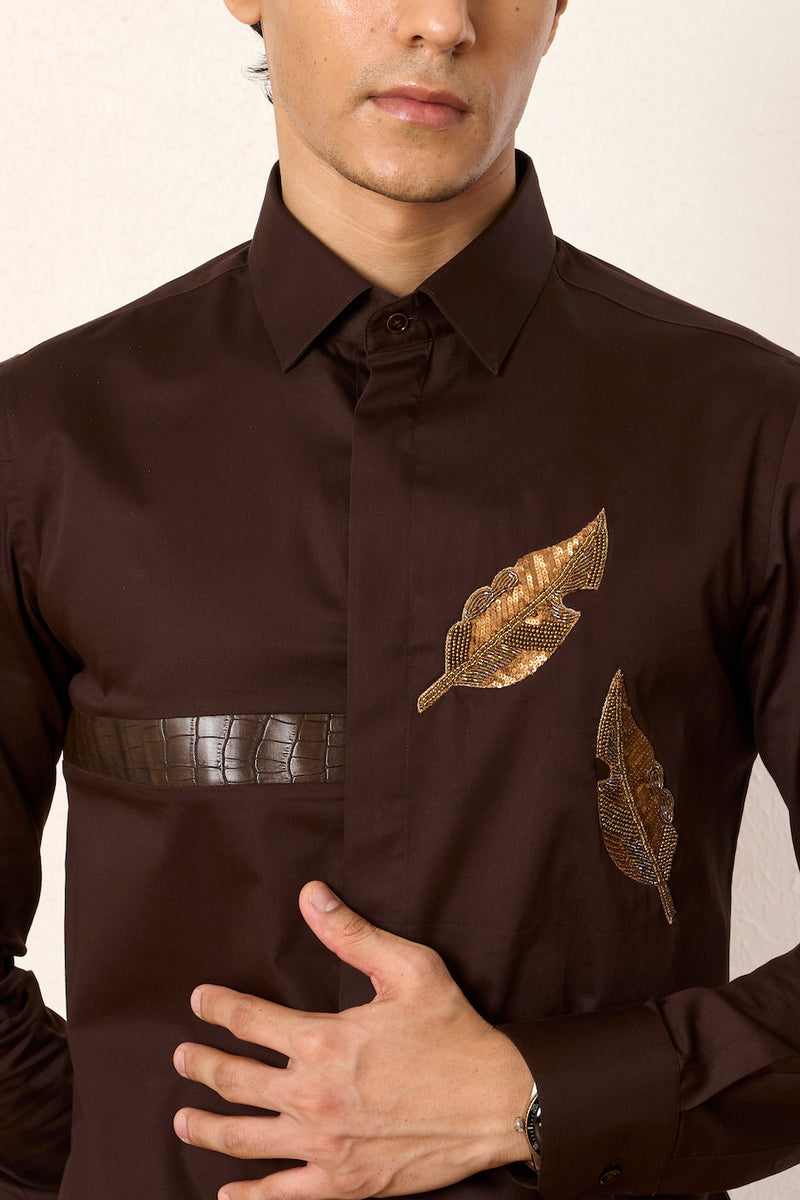 Brown Leaf Embroidered Shirt