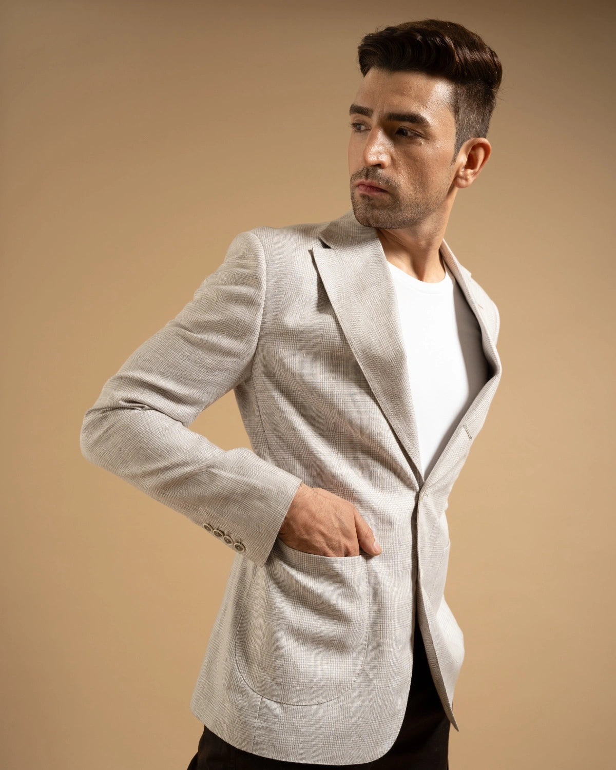Grey Plaid Linen Casual Blazer Gargee