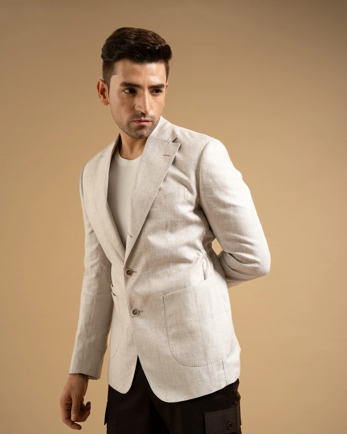 Grey Plaid Linen Casual Blazer Gargee