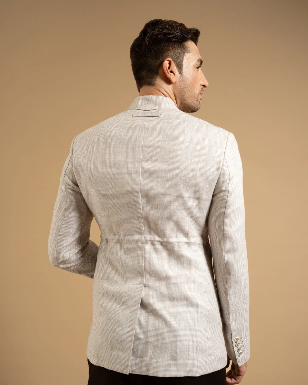Grey Plaid Linen Casual Blazer Gargee