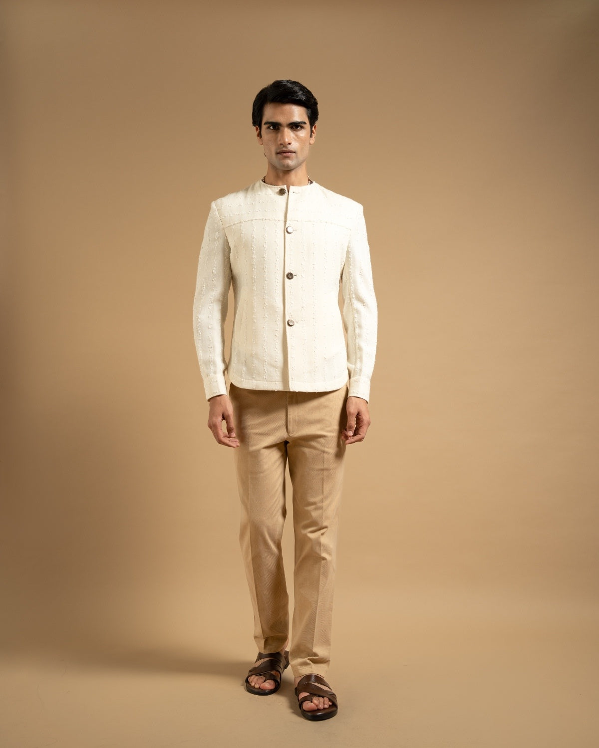 Ivory Textured Bandhgala Style Shacket Gargee