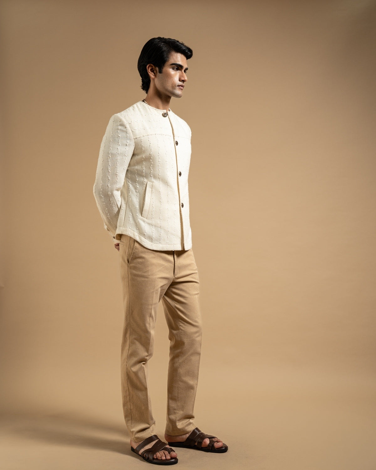 Ivory Textured Bandhgala Style Shacket Gargee