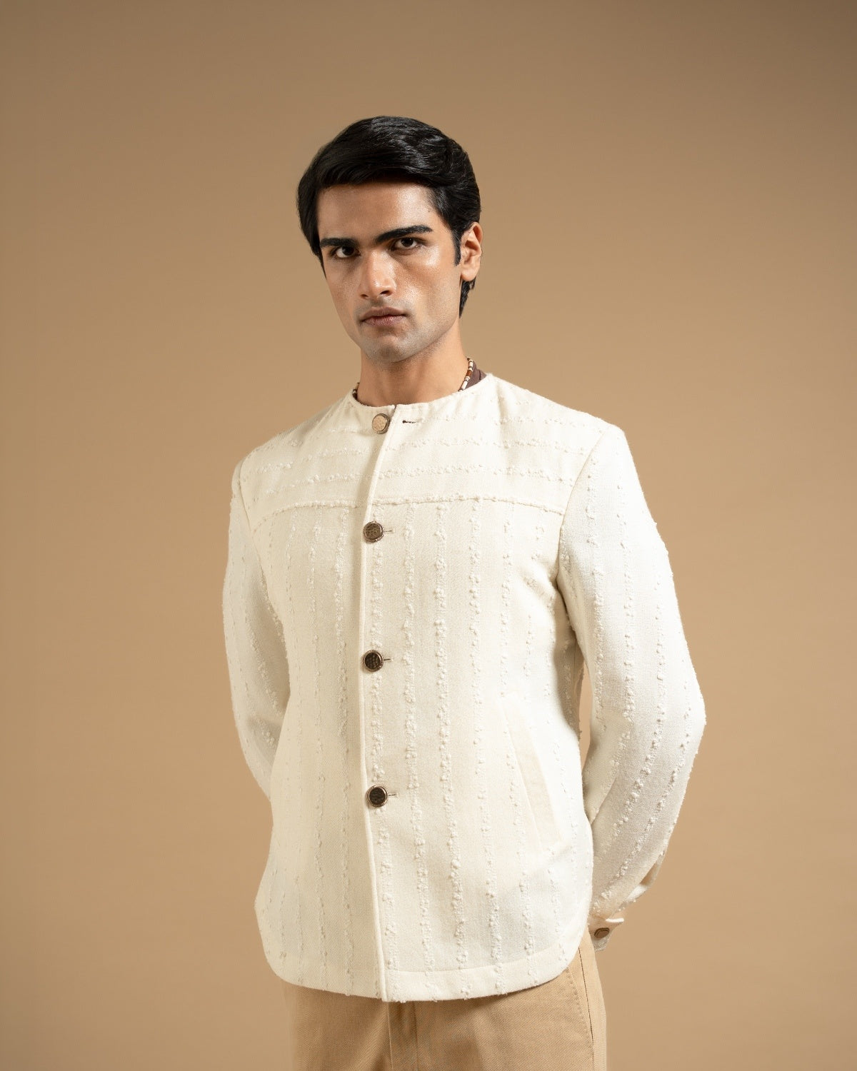 Ivory Textured Bandhgala Style Shacket Gargee