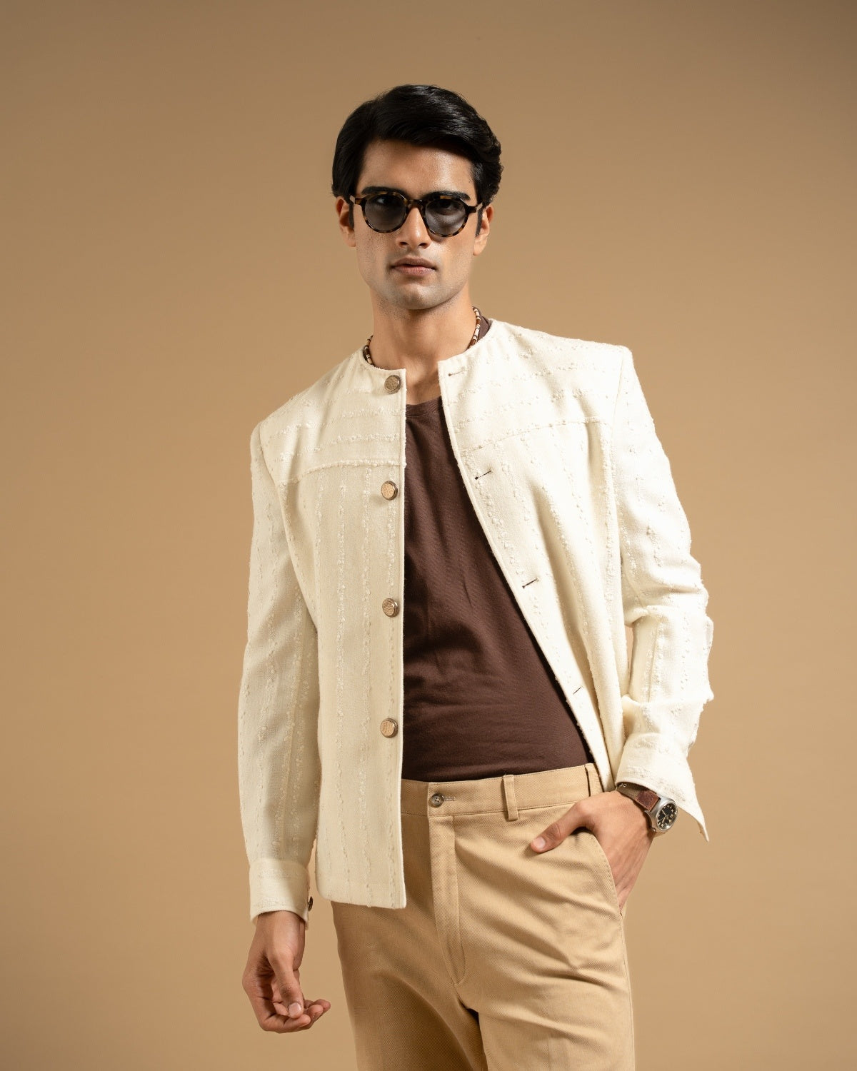 Ivory Textured Bandhgala Style Shacket Gargee