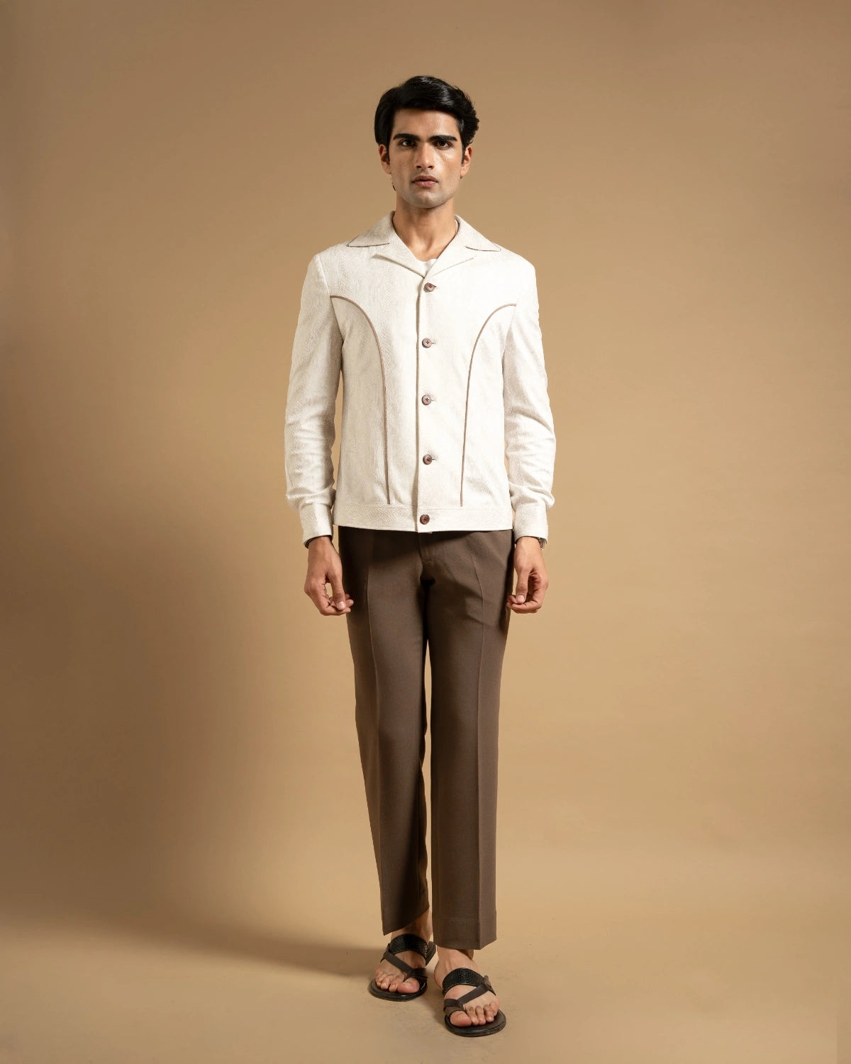 Ivory Textured Contrast Piped Jacket Gargee