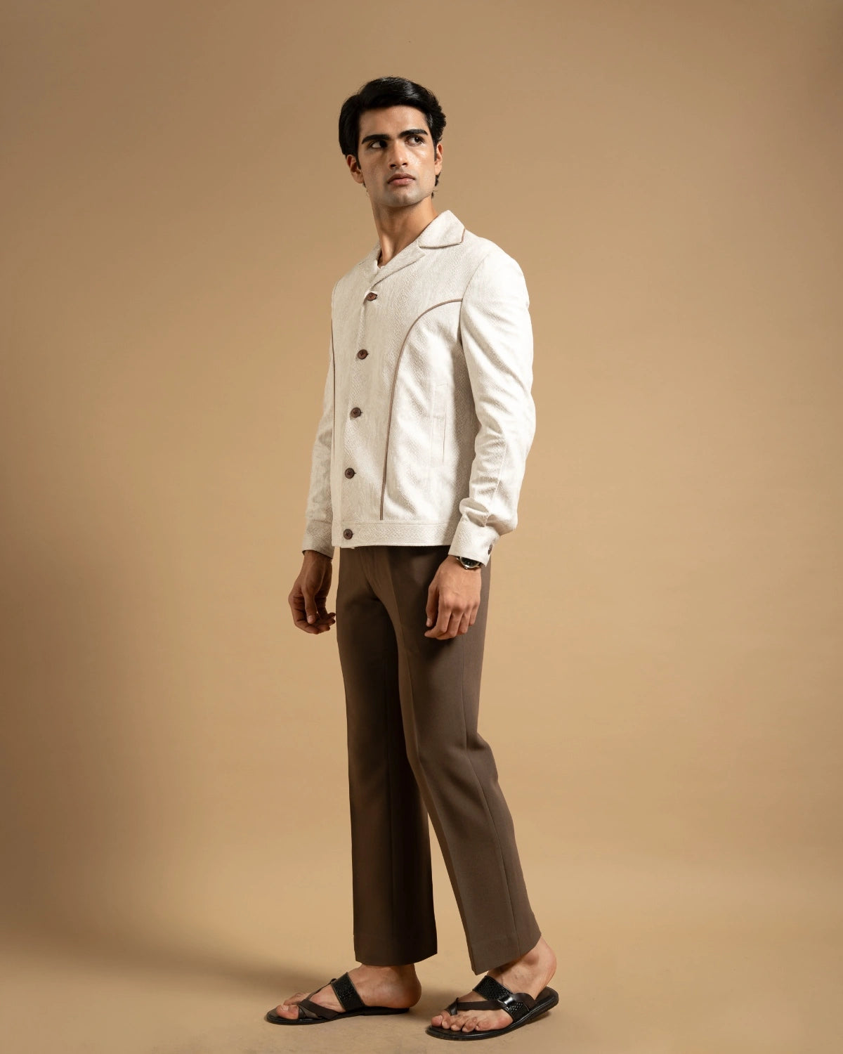Ivory Textured Contrast Piped Jacket Gargee
