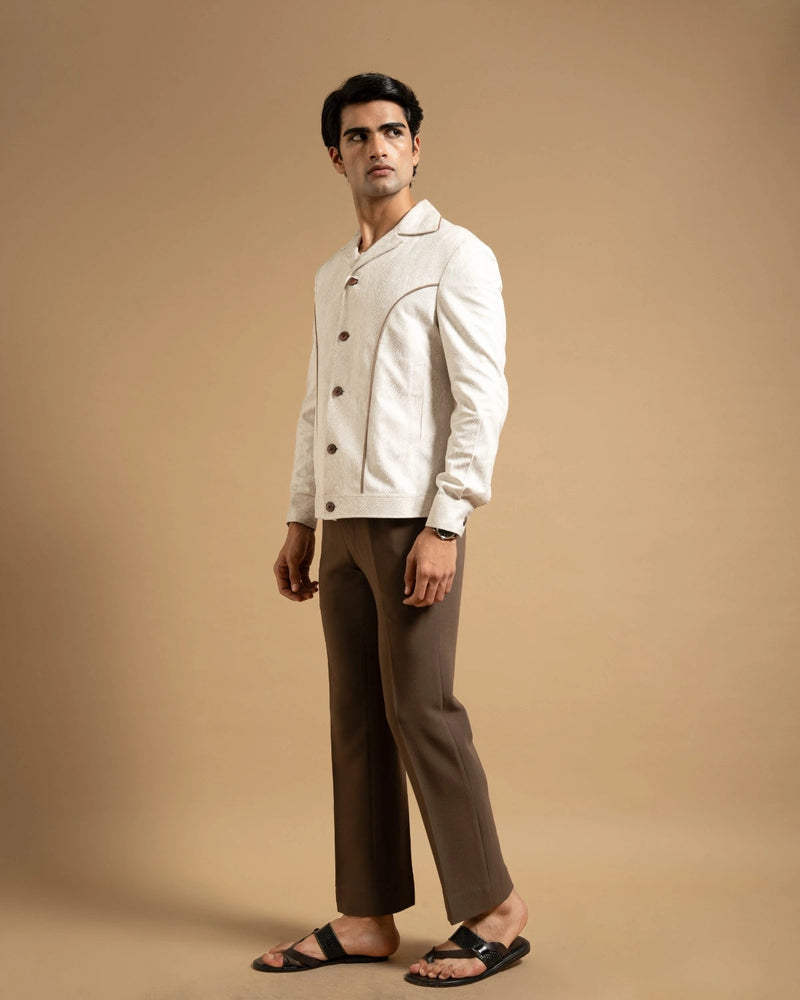 Ivory Textured Contrast Piped Jacket Gargee