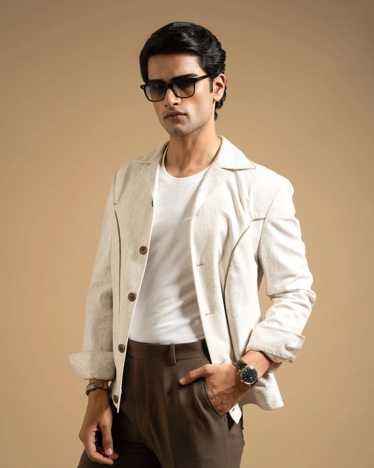 Ivory Textured Contrast Piped Jacket Gargee