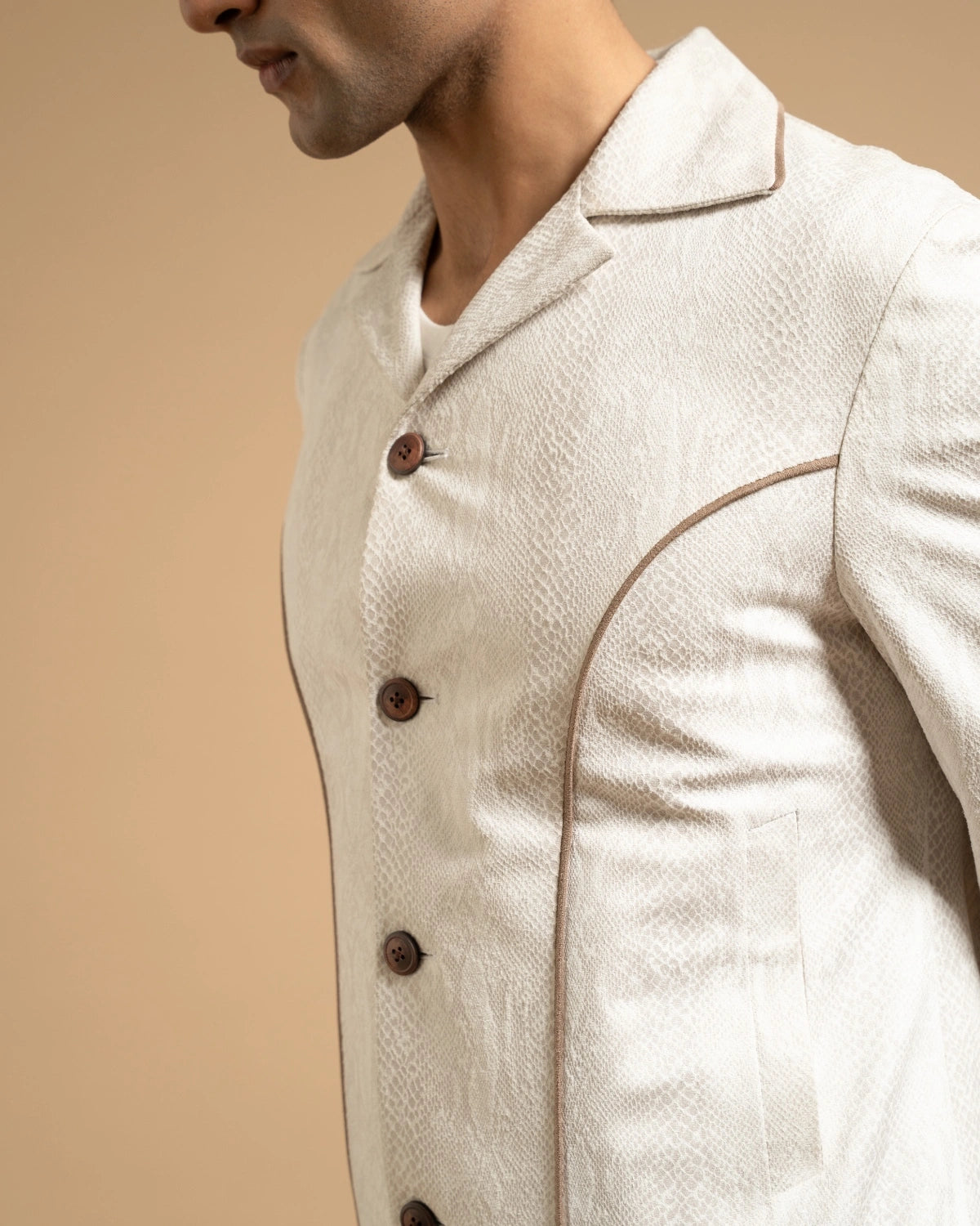 Ivory Textured Contrast Piped Jacket Gargee