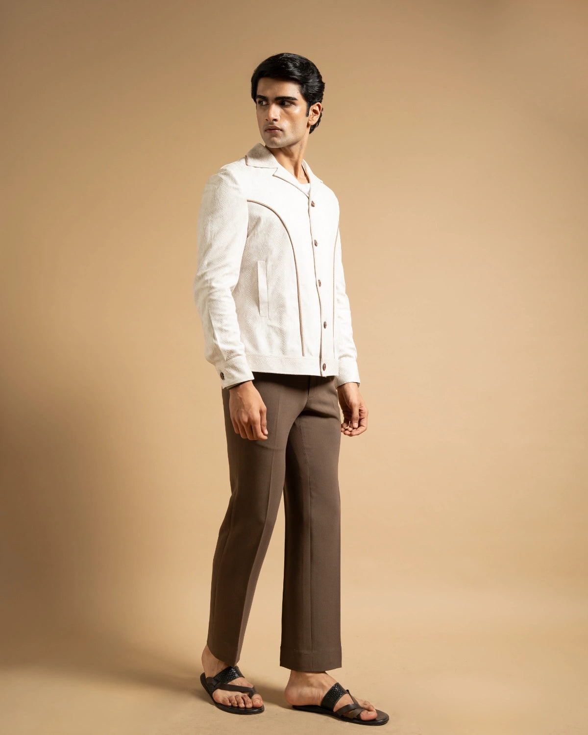 Ivory Textured Contrast Piped Jacket Gargee