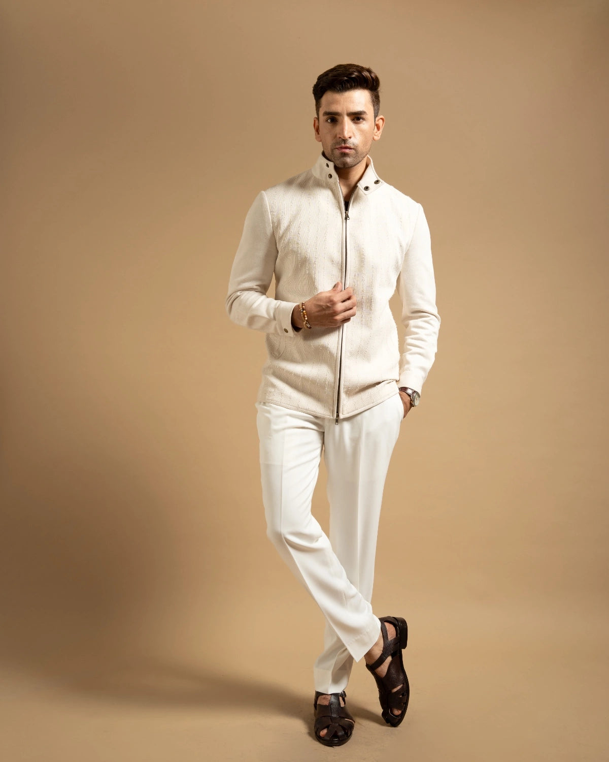 Ivory Textured High Neck Zip-Up Jacket Gargee