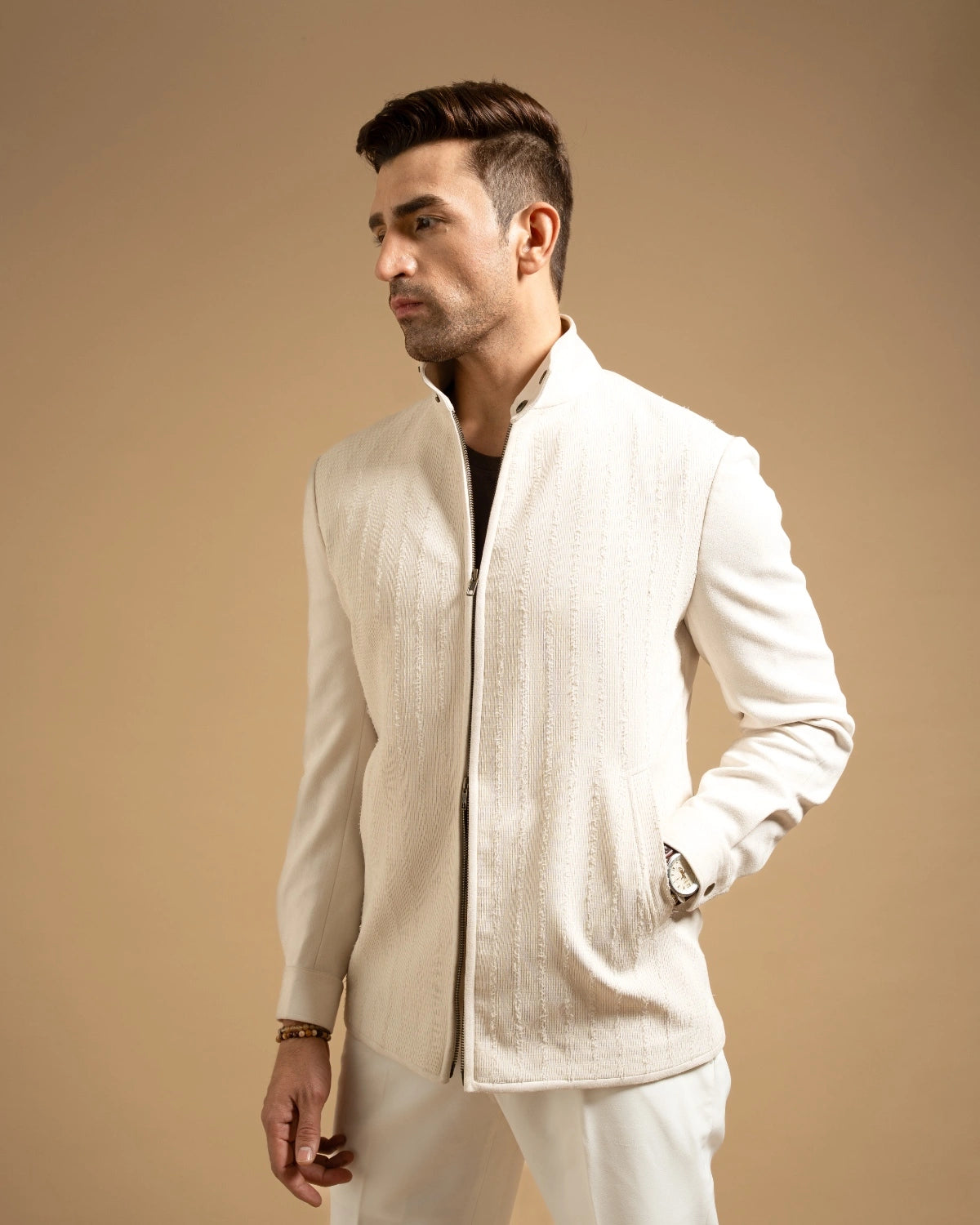 Ivory Textured High Neck Zip-Up Jacket Gargee