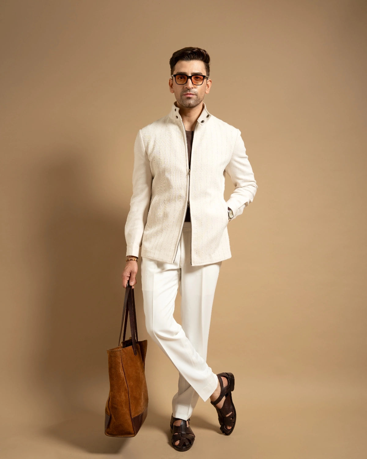 Ivory Textured High Neck Zip-Up Jacket Gargee
