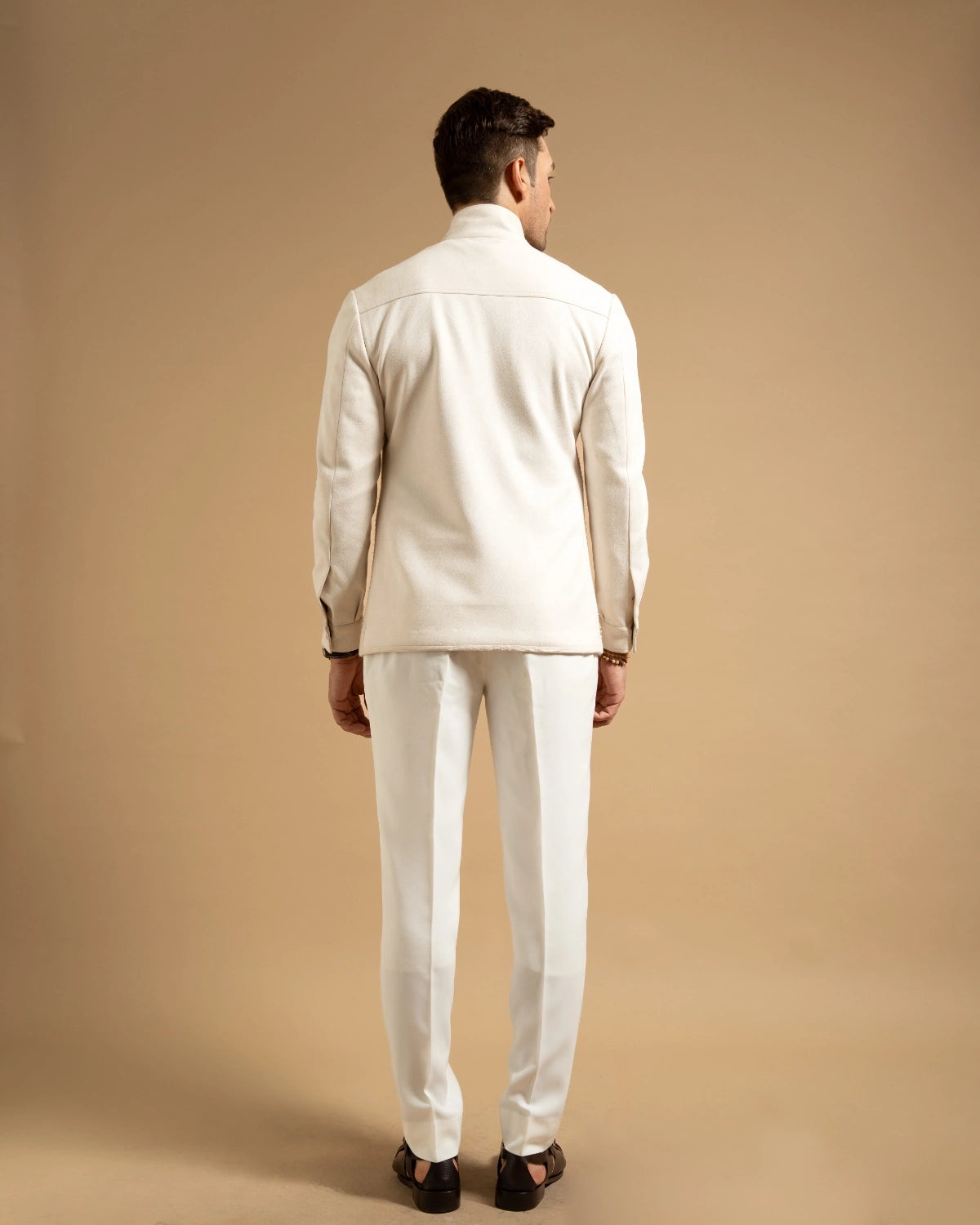 Ivory Textured High Neck Zip-Up Jacket Gargee