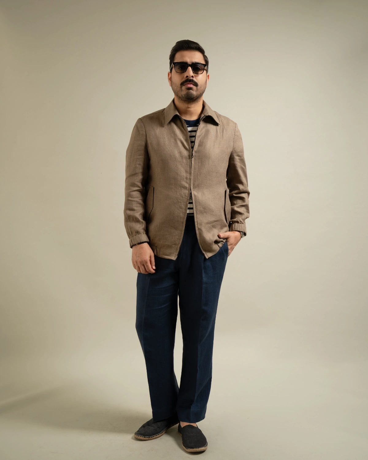 Khakhi Linen Zip-Front Utility Jacket Gargee