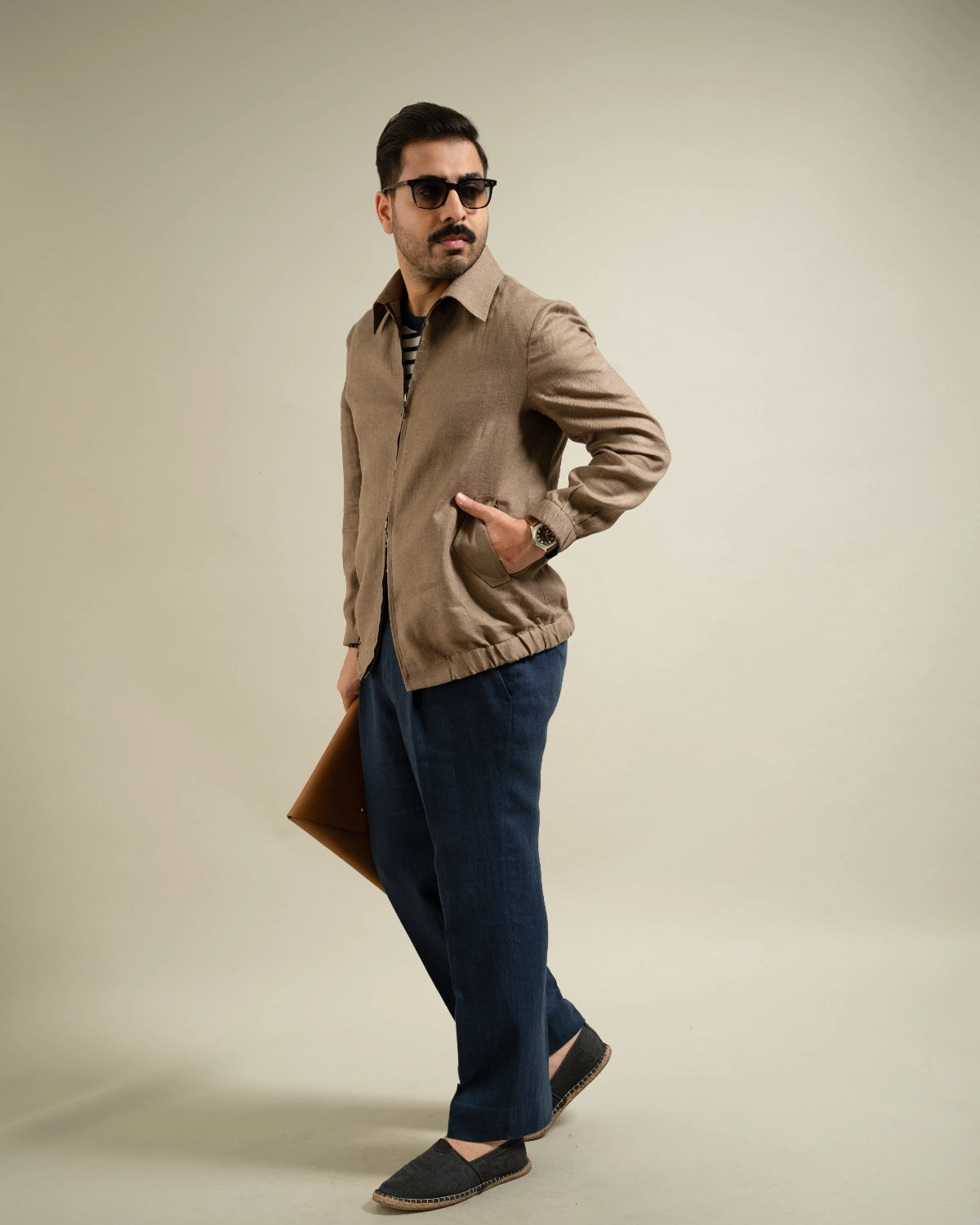 Khakhi Linen Zip-Front Utility Jacket Gargee