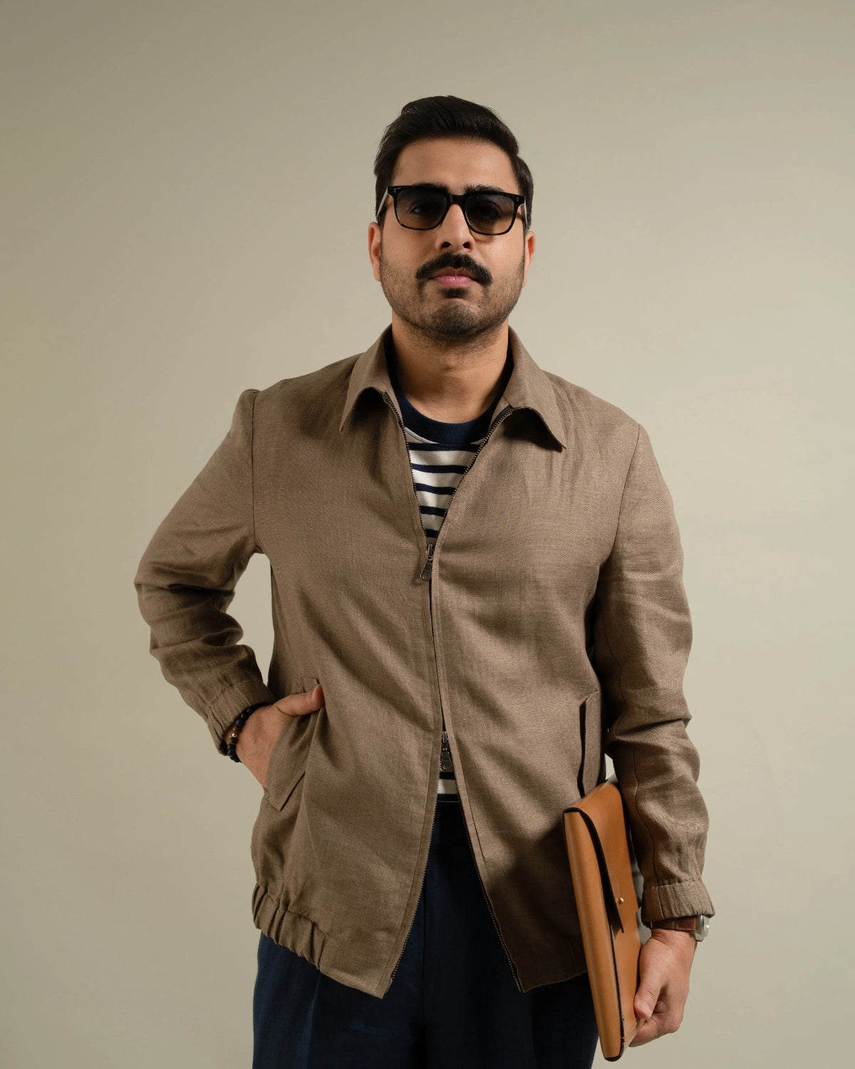 Khakhi Linen Zip-Front Utility Jacket Gargee