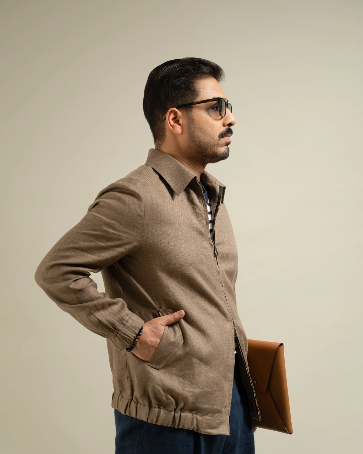 Khakhi Linen Zip-Front Utility Jacket Gargee
