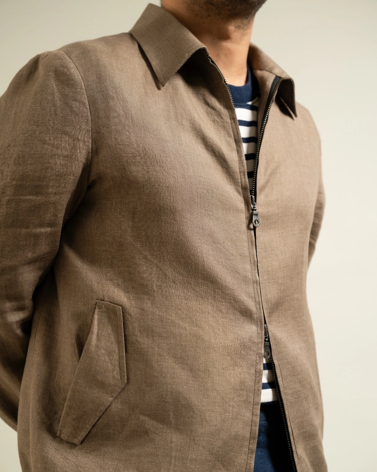 Khakhi Linen Zip-Front Utility Jacket Gargee