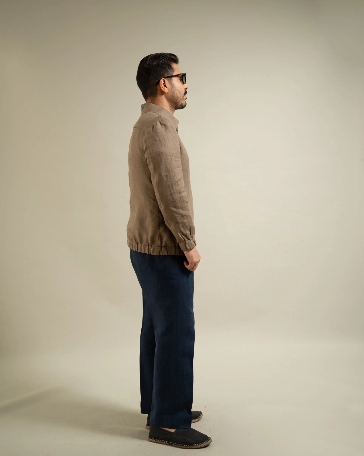 Khakhi Linen Zip-Front Utility Jacket Gargee