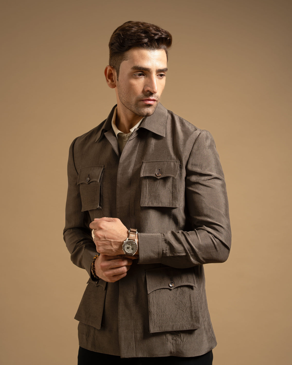 Khakhi Nomad Utility Pocket Shacket Gargee