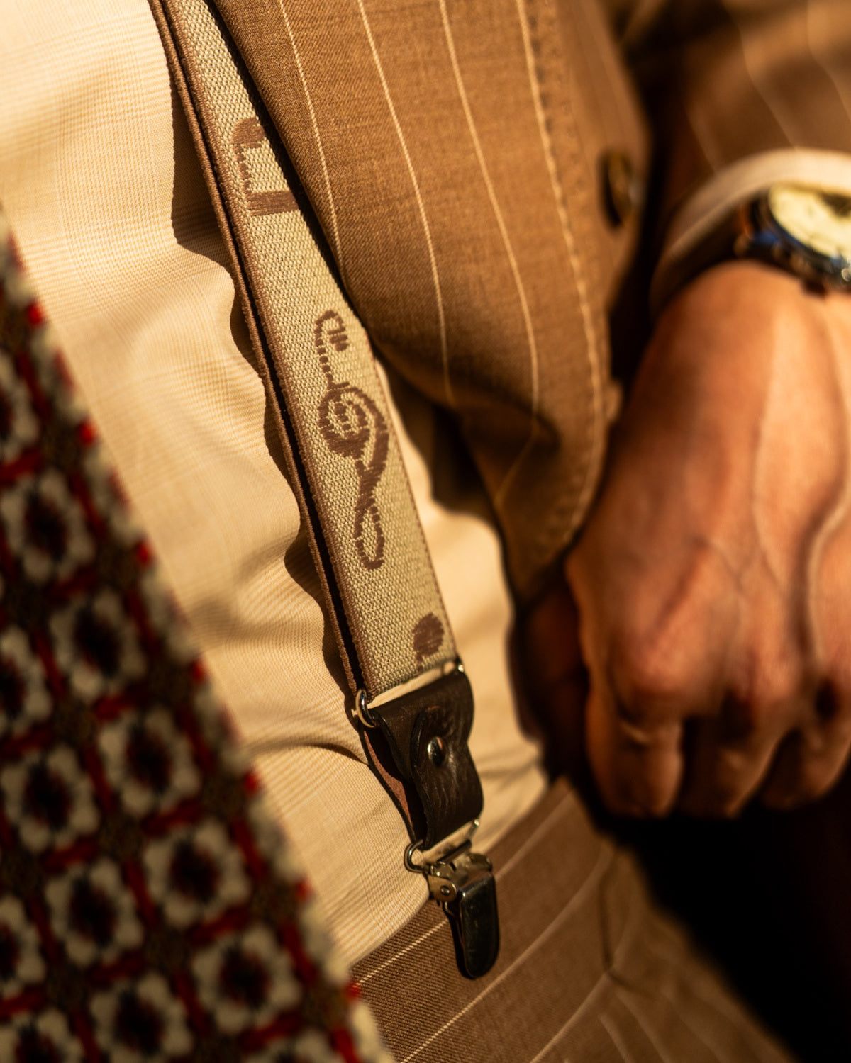 Brown Double-Breasted Pinstripe Suit Gargee